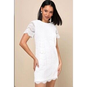LULUS Dress Take Me To Brunch Ivory Lace Shift Sheer Short Sleeves Size Med NEW